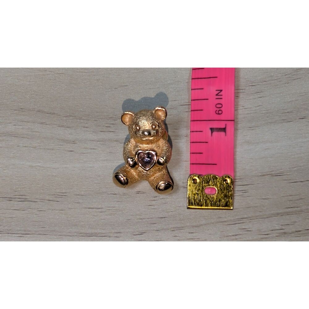 Vintage Avon Teddy Bear Brooch Pin Gold Tone Purple Heart Rhinestone